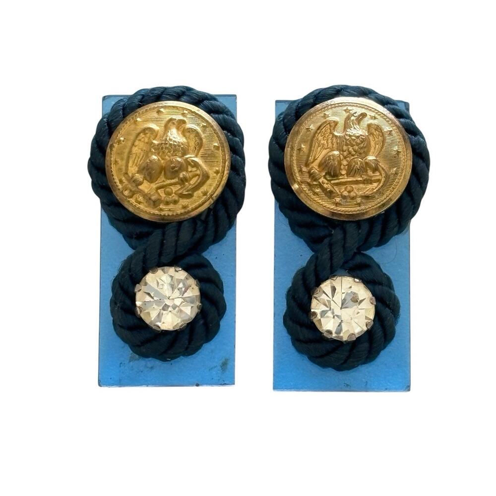 80s Lucite Statement Clip On Earrings Military Knot Lucite Gold Button